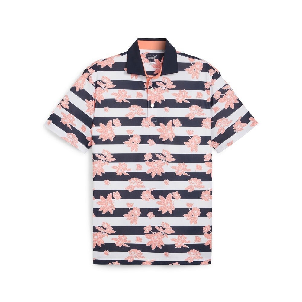 Puma Garden Pique Polo Men's Medium Pink White Floral Striped Golf Shirt RED1104
